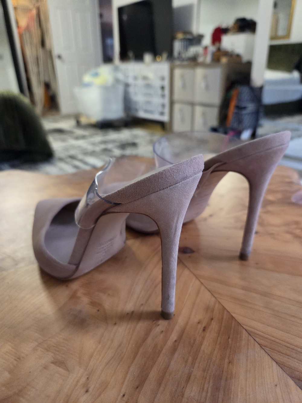SCHUTZ Blush Pink Suede Pointed-Toe Mules with Clear Strap - Picture 3 of 5
